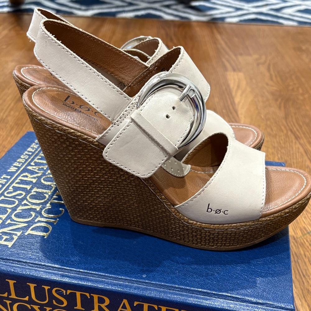 boc Cream Leather Wedge Sandals with Oversized Silver Buckle - Picture 5 of 14